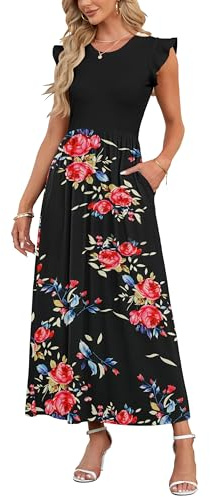 AUSELILY Womens Maxi Evening Dress for Women Summer Long Dress with Pockets Plus Size Casual Dress for Wedding，Maternity Rose Black,XL