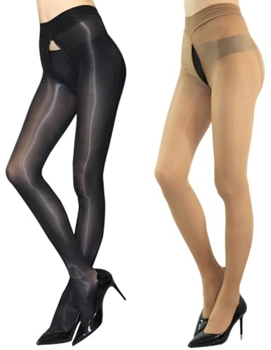 HTRUIYA 2 Pairs Shiny Pantyhose for Women 8D Sheer Tights Oily Gloss Pantyhose Invisible Zip Tights Smooth Stockings