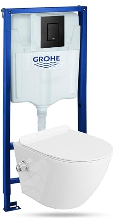 LAVITA Élément mural Solido + WC suspendu Salto blanc sans bord + abattant de WC avec système d'abaissement automatique bouton noir - Kit complet encastré WC complet