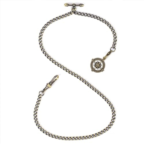 ManChDa Taschenuhr Kette, Taschenuhr mit Kette Herren, Albert Chain Taschenuhr, T-Bar-Kette Mit Kompassanhänger, Curb Link Chain 2 Haken Antike Fob T-Bar Für Herren