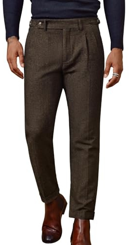 Mens Classic Italian Tweed Pants Double Pleated Adjustable Herringbone Trousers Brown