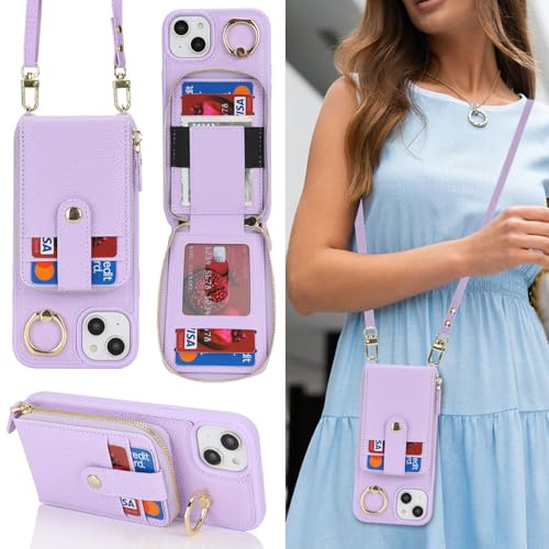 SailorTech iPhone 14 fodral ringstativ med korthållare för kvinnor, iPhone 14 läderfodral plånbok över kroppen med ställ kreditkort blixtlåsfodral för iPhone 14-lila
