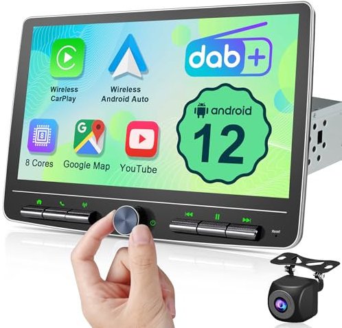 Android 12 Autoradio Wireless CarPlay Android Auto, 10.1 Zoll Bildschirm DAB+ Autoradio 1Din Car Play Touch Display Bluetooth 8 Core 2G+32G WiFi 4G GPS DSP AM/FM RDS Auto Radio mit Rückfahrkamera