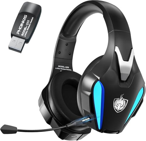 PHOINIKAS Wireless Gaming Headset for PS4 PS5 PC Switch, Wireless 2.4GHz Gaming Headphones with Detachable Noise Canceling Mic, 7.1 Stereo Sound, Only 3.5mm Wired Mode for Xbox Seires - Blue