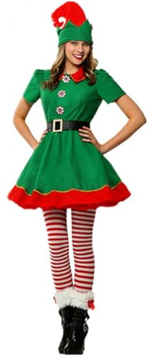Fiacafyo Christmas Elf Costume for Family Christmas Costume Fancy Dress Short Sleeve Dress Pants over the Kneel with Hat Belt and Socks (Women, L, A-Women)