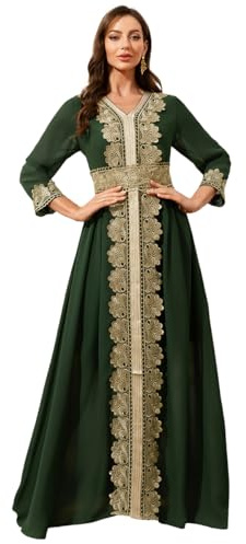 Aibaowedding Robes musulmanes pour femmes - Robe de soirée style caftan de Dubaï - Longueur complète - Broderie florale islamique turque marocaine - Robes de mariage, vert, S