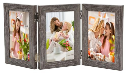 AiQInu Portafoto Pieghevole per 3 Foto (10x15 cm), Portafoto Pieghevole in Legno, Cornice Portafoto Multiplo da Tavolo, Design Moderno,Cornice Foto Pieghevole a 180°, per Compleanni, Matrimoni