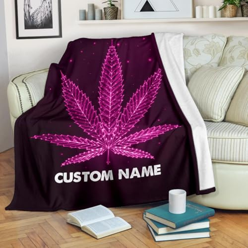 Personalized Weed Leaf Blanket - Custom Name Cannabis Fleece Throw, Neon Pink Pot Leaf Design, Soft Cozy Stoner Gift (Medium 50x60 Inches)