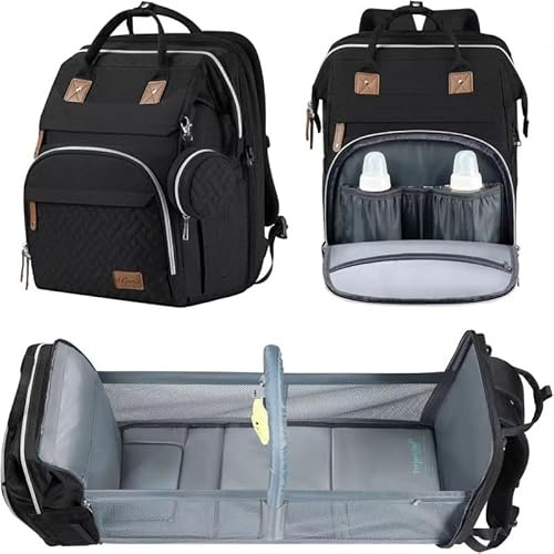 SwiftSprout Baby Changing Bags - Diaper Bag with Portable Nappy Backpack Baby Bag for Mum with Changing Mat, Pacifier Holder and Stroller Straps - 17 Pockets with 15 Gallon Capacity Travel Black Bag