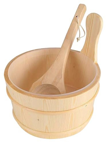 Sauna Bucket and Ladle, Large Capacity Wooden Sauna Water Bucket with Plastic Liner, Bathing Accessories Supplies for Home Hotel Steaming Room Wooden and Ladle Set