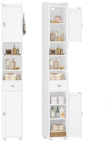 HEXCELEN Badezimmerschrank, Badschrank Schmal Hoch, Hochschrank Badezimmer, Badschrank mit 2 Türen und 1 Schublade, Verstellbaren Ablagen Offenen Fach Platzsparender Badregal 28 x 28 x 180 cm Weiß