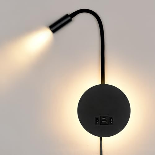 WisHomee Lampe de Lecture Murale avec Port de Charge USB & USB-C et Prise, Lampe de Lit LED avec Éclairage Ambiant, Lampe de Lecture Murale Flexible, Lampe Murale avec Prise(Noir)