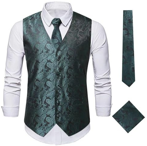 YOSUWOAI Gilet traditionnel décontracté 3 pièces pour homme avec cravate, mouchoir et gilet, motif cachemire floral, jacquard, gilet de costume vintage classique