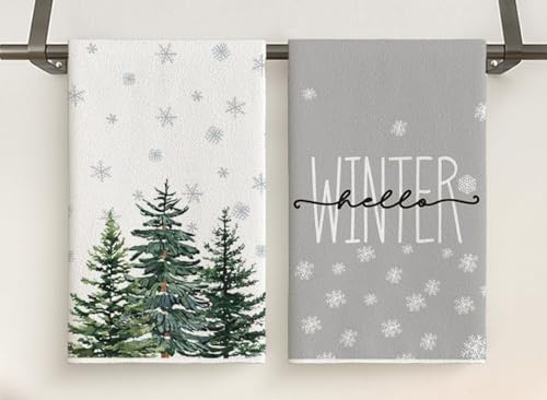 WANAIR 2 Pièces Torchons Noel, Torchon Vaisselle Noël Torchons de Cuisine Cadeaux, Christmas Essuie Sapin de Noël Flocons de Neige Deco Serviettes, Décoration Hivernale Cuisine, Blanc Gris 41 x 63 cm