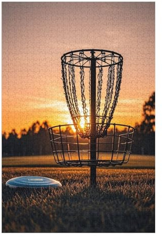 Letters On Back Disc Golf Basket Against Sunset Wooden Jigsaw Puzzle 1000 Pieces – Disc Golf Challenge Puzzle for Adults with Colorful Sky