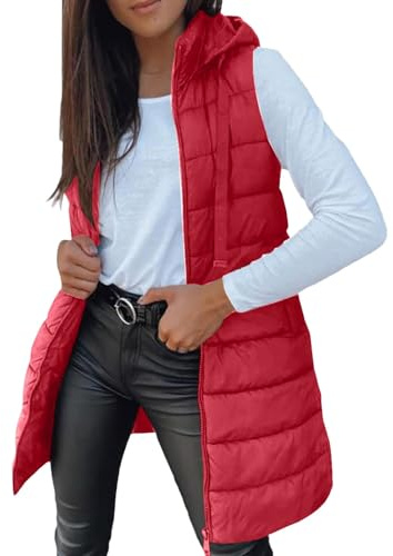 Uwdiohq Manteau Femme Sans Manche, Gilet Chaud Doudoune Manche Veste Longue Hiver Capuche Zippé Parka Blouson Avec Poches Grande Taille Long Rouge Grossesse Officier Bouclette Mi Saison Col