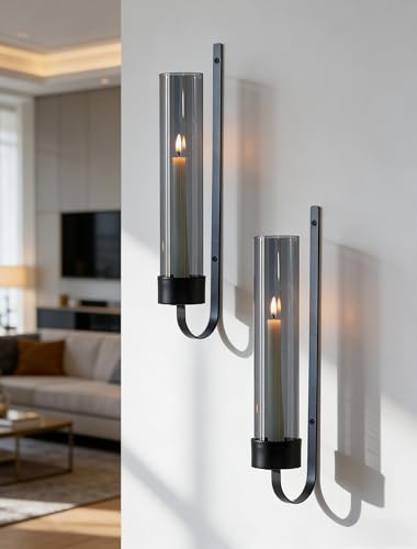 Sziqiqi Porte Bougeoir Mural Appliques: Support de Bougie Noir en Métal avec Verre Fumé pour Décoration Murale Salon - 2 Pièces