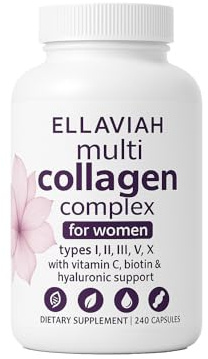 ELLAVIAH Multi Collagen Complex för Kvinnor – Typ I, II, III, V & X med Biotin, Vitamin C och Hyaluronsyra – 240 Kapslar – För Hud, Hår och Naglar – Icke-GMO