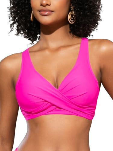 SHEKINI Women's Bikini Tops V Neck Criss Cross Push Up Big Bust Wired Swimwear Top Tie Back Swim Top for Women UK Bikini Top Only, Fluorescent Pink,L