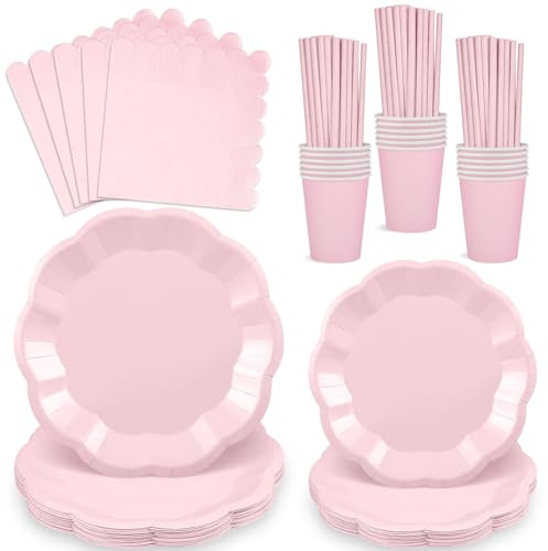 Set Stoviglie Rosa 125 Pezzi Con Piatti, Bicchieri, Tovaglioli E Cannucce