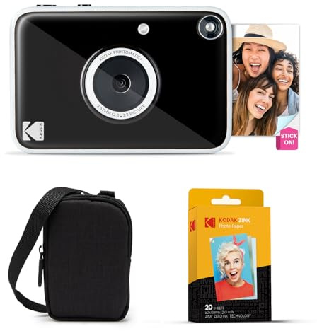 KODAK Printomatic+ Fotocamera Istantanea 10MP Kit Iniziale con Custodia, RGB LED e Carta Adesiva Zink 20pz – Nero