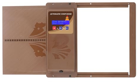 OEBUAFI Automatisk Hönshusdörr, Timerkontroll med LED-display för Fjäderfäsäkerhet, Horisontell öppnare för Kycklingar Ankor Gäss (Brun)