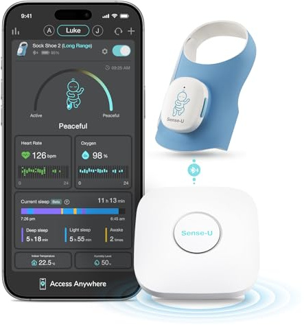 Sense-U Smart Sock Shoe 2 Long Range Baby Monitor with Base Station – Track Heart Rate & Sleep with Transmissive PPG Foot Sensor, for 1–18 Months