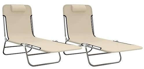 Fisinber Set di 2 lettini prendisole pieghevoli con schienale regolabile, sdraio da giardino in textilene e telaio in acciaio, comodo lettino a tre gambe per giardino, terrazza e campeggio, crema