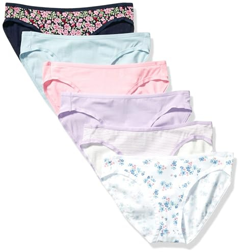 Amazon Essentials Women's Breathable Cotton Bikini Brief Underwear with Full Coverage, Pack of 6, Black Floral/Blue/Lilac/Pink/Stripe/White Ditsy Floral, Medium
