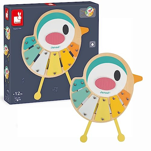 Janod - Pure Xylophon ‘Vogel’ - Musikalisches Holzspielzeug - Musikspielzeug in der Form eines Vogels - 6 Klangstäbe, Trendiges Design, Farben auf Wasserbasis - Babyspielzeug ab 1 Jahr, J05163