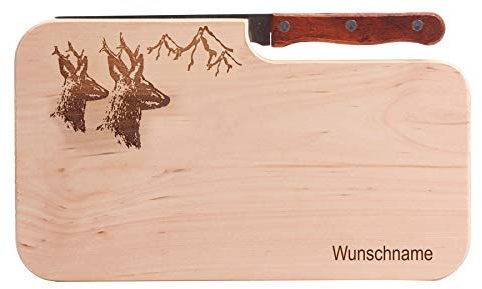 Brotzeitbrett mit Name inkl. Messer REH Motiven 25,5x14,5x1,3cm