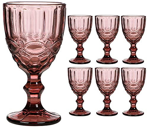 Dibor Wine Glass Set of 6 Pink Baroque Embossed 300ml Drink Goblets Alfresco Dining Glassware