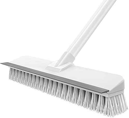 Indoor/Outdoor Push Broom With Stiff Bristles, Squeegee & 56in Adjustable Long Handle for Cleaning Kitchen, Bathroom, Patio, Wood, Stone, Tile Floor (White)