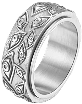 PMTIER Men's 9mm Vintage Stainless Steel Engraved Eye of God Rotatable Ring Full Silver Tone Size 14