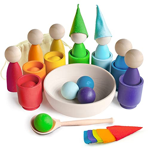Ulanik Große Regenbogen Steckpuppen und Bälle in Tassen Montessori Spielzeug ab 3 Jahre + Puppen Sensorik Holzspiele zum Farben Lernen — 7 Zwerge