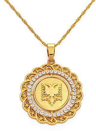 LODMLOER Mappa Dell'Albania Collana Con Ciondolo Per Uomo - Rotonda Albania Aquila Ciondolo Collo Ciondoli Monete Gioielli Strass Rotondi Ornamenti Tradizionali Albanesi,Aureate,45Cm
