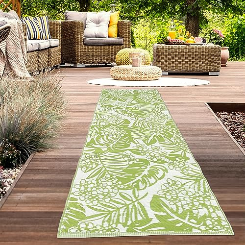 Teppich-Traum Wasserfester Outdoor Teppich wetterfest Plastik Kunststoff Gartenteppich Campingmatte Picknick Läufer lang Blätter-Design hell-grün 90 x 300 cm