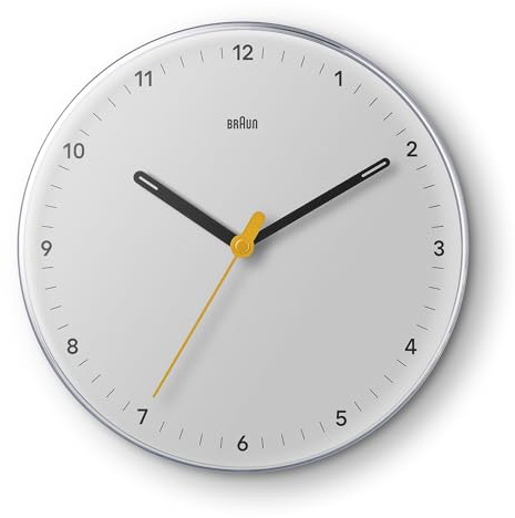 Braun Classic Analogue Wall Clock with Silent Sweeping Quartz Movement, Easy to Read, 23cm Diameter in White, Model BC26W.
