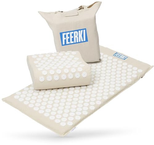 FEERKI Acupressure Mat & Pillow Set with Bag – Spike Massage Mat for Back, Neck & Foot Pain Relief – Acupuncture Mat for Stress, Circulation & Relaxation – Cotton & Coconut Fiber