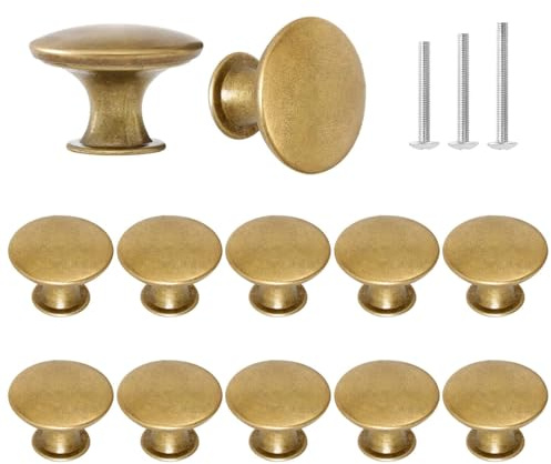 ShipeeKin 12 x skåpknoppar i antik mässing runda vintage retro byrå låda kök svamp handtag drar 30 mm/1,18 tum dörr rustik knopp för garderob bröst badrumsmöbler hårdvara (gul brons)