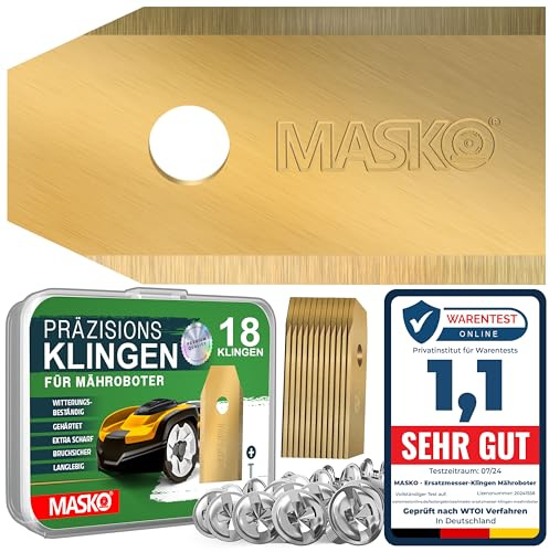 MASKO® Ersatzmesser Klingen für Mähroboter | Rasenmäher Messer universal inkl. innovativen Schrauben | Ersatzklingen Rasenroboter langlebig Titan-Beschichtung Kompatibel mit Gardena/Husqvarna 18 Stück