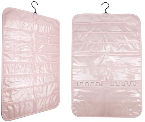 Dual-sided Hanging jewellery Organiser with 5 Sizes of Pockets,Sunglasses Holder with Clear Storage Slots,Accessories Storage Display Solution for Rings,Earrings,Bracelet,Necklaces,Watches,1Pcs (Pink)