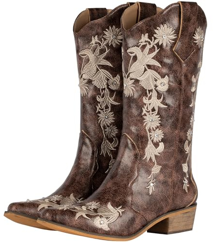 SheSole Women's Western Country Wedding Cowgirl Cowboy Boots Wide Calf Floral Embroidery Rhinestones Brown | Wide Calf Floral Embroidery Rhinestones Snip Toe Pull On 1.77-Inch Chunky Heel for Music Festival Concert Rodeo Party Dancing