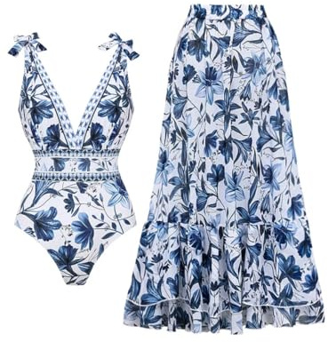 FLAXMAKER Blue and White Plant Prints Adjustable Shoulder Strip One Piece Swimsuit and Skirt/Sarong(L, Blue)
