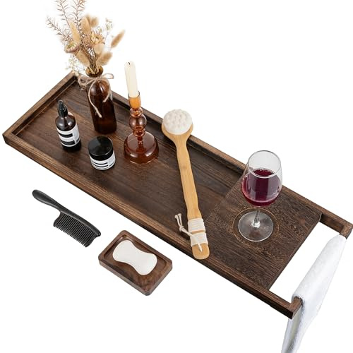 Hanobe Vassoio per vasca da bagno: 78,7 cm, mensola in legno con manici, semplice, rustico, per bagno, casa, SPA