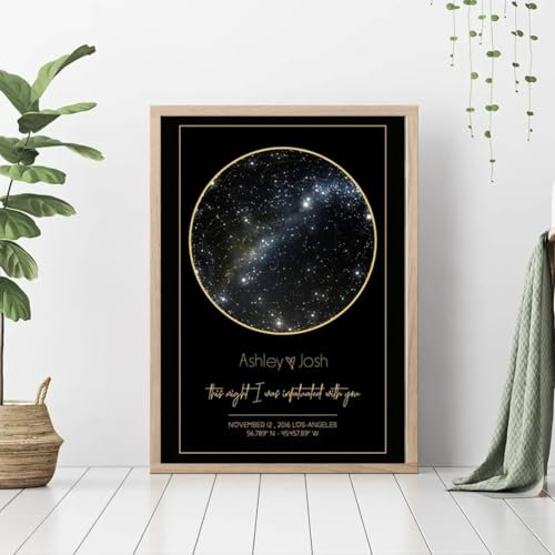 Leinwandbild, Sternkarte, Nachthimmel, Hochzeitsgeschenk, Sternbild, Kinderzimmer, Wandkunst, individueller Posterdruck, Bilder, Schlafzimmer, Heimdekoration, mit Rahmen, personalisierte Geschenke (A3