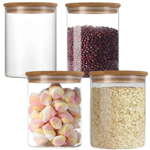 750ml Set of 4 Glass Jars with Bamboo Lids, Borosilicate Glass Storage Jars, Storage Container with Bamboo Airtight Lids, Clear Glass Kitchen Accessories,Large Capacity Food Containers (750ML)