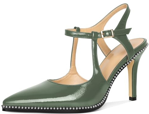 EDEFS Chaussures Soirée Femme Strass Talons Hauts 9cm - Slingback Pointe Fine en Cuir Verni Noir Talons Fins - Taille Vert EU38