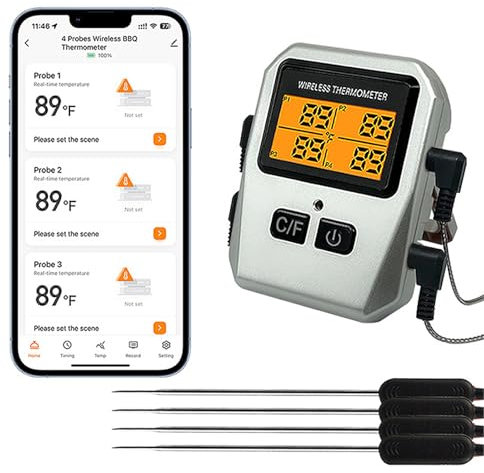 100M Wireless Meat Thermometer, Bluetooth Meat Thermometer with Temperature Alarm for Remote Monitoring of Grills, Ovens, Smokers and Air Fryers (4 Probes)