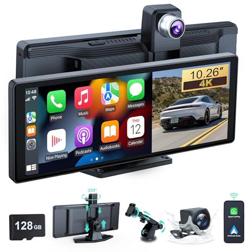 Wireless Car Stereo, 10.26 Inch Portable Car Audio,Carplay Screen with 4K Front + Rear 1080P Dual Camera Dash Cam，Wireless Car Play with Mirror Link/S-iri/AUX/64G TF